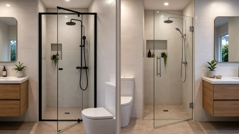 Compare matte black pivot and chrome hinged shower doors in compact modern hotel bathrooms, showing different hardware and swing impacts.