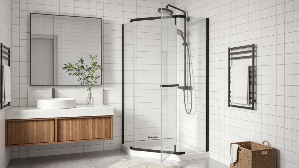 Matte black 36x36 inch neo-angle corner shower enclosure with an open glass door in a multi-unit apartment bathroom.