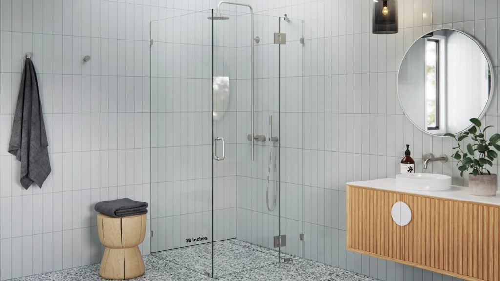 Frameless 38-inch glass corner shower enclosure with brushed nickel hardware in an upscale apartment bathroom.