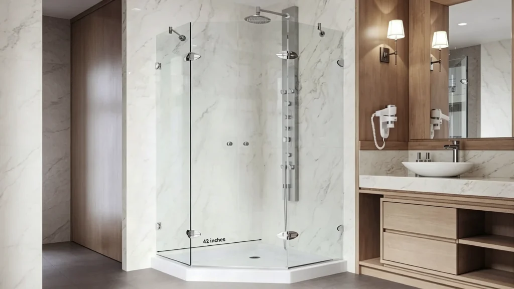 Spacious 42-inch frameless neo-angle glass shower enclosure with chrome hardware in a luxury hotel master ensuite.