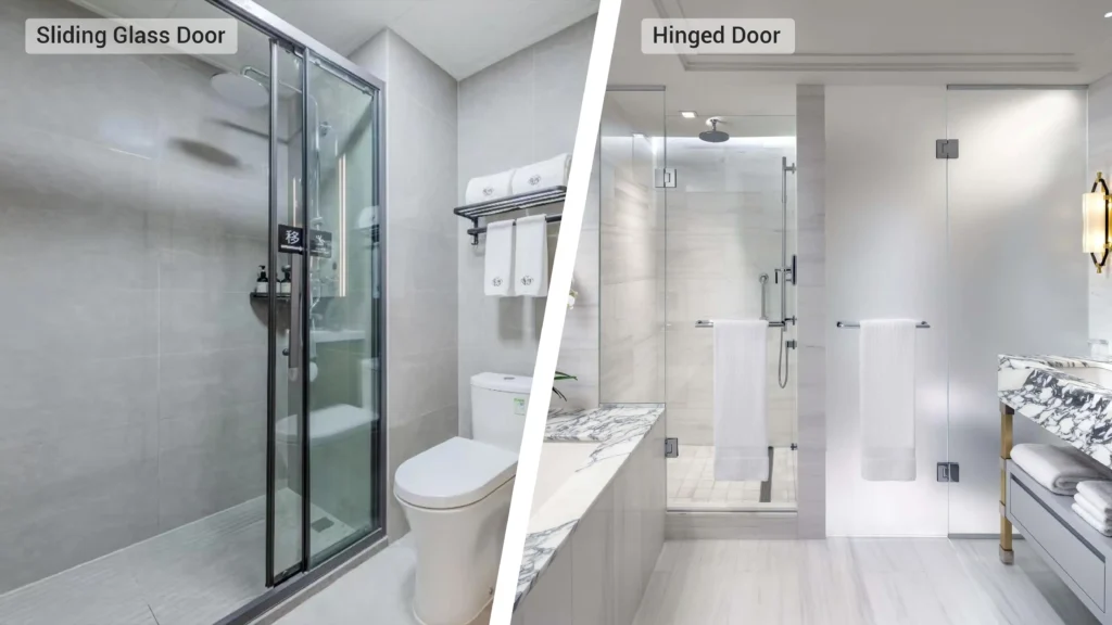 Sliding shower door for tight hotel bathroom clearance compared to a hinged glass shower door in a spacious layout.