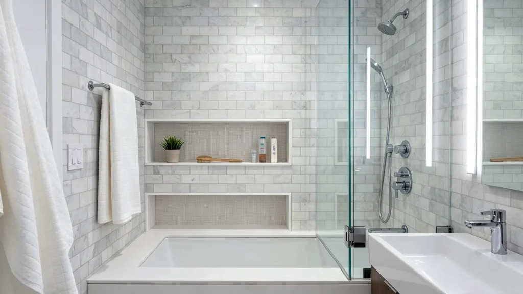 Modern white alcove tub/shower combo with white marble tiles and a glass enclosure in a compact hotel bathroom layout.