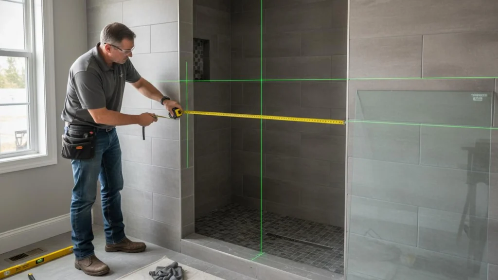 Contractor measuring finished tile opening with a laser level for 60-inch glass shower door installation.