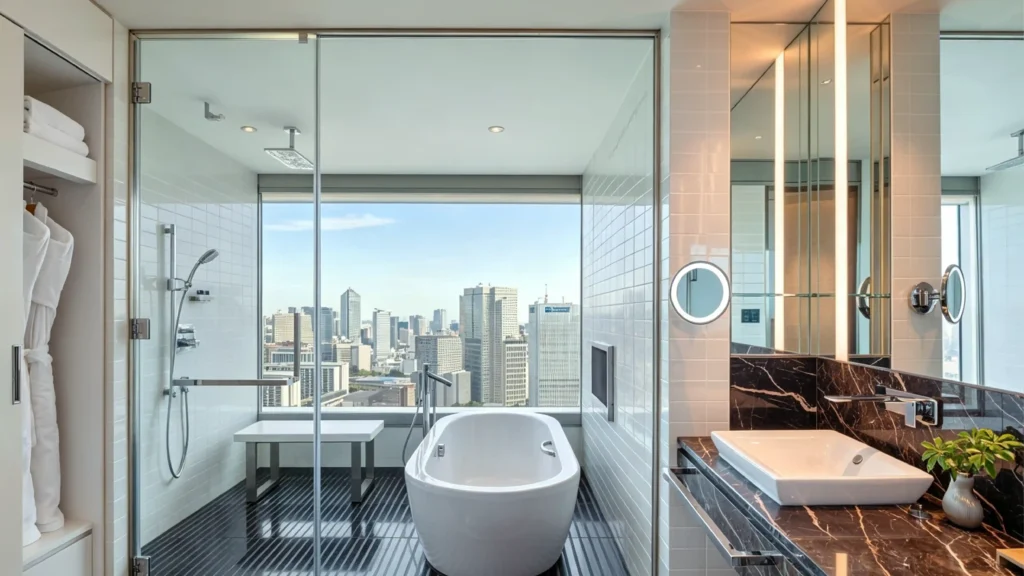 Modern hotel guest bathroom with a clear glass walk-in rainfall shower, optimizing room volume and city skyline views.