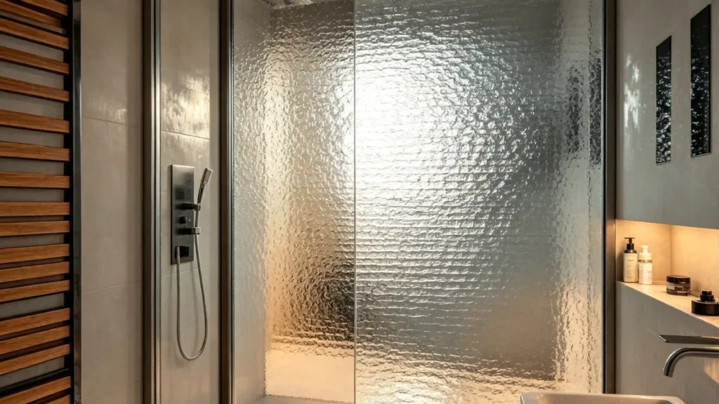 Textured rain glass shower door providing privacy and diffusing light in a modern hotel bathroom.