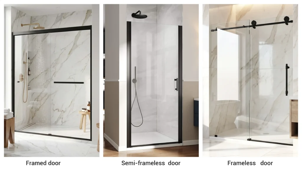 Comparison of framed, semi-frameless, and frameless glass shower doors with matte black hardware for hotel bathrooms.