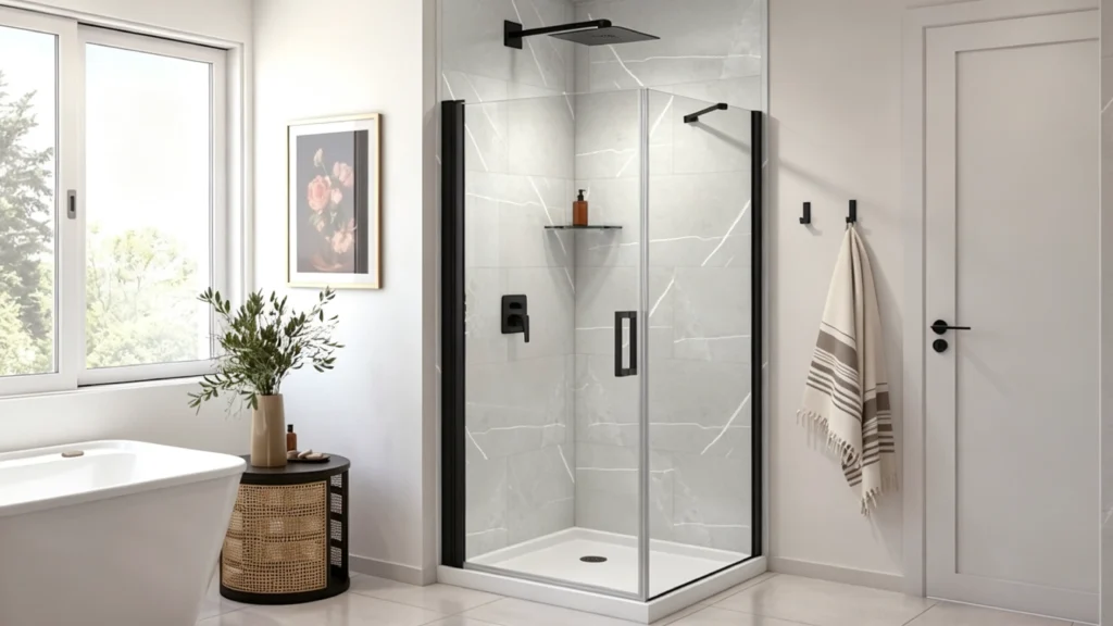 Square matte black corner shower, clear glass. Narrow pivot door alongside fixed panel on white base. Modern apartment bathroom setting.