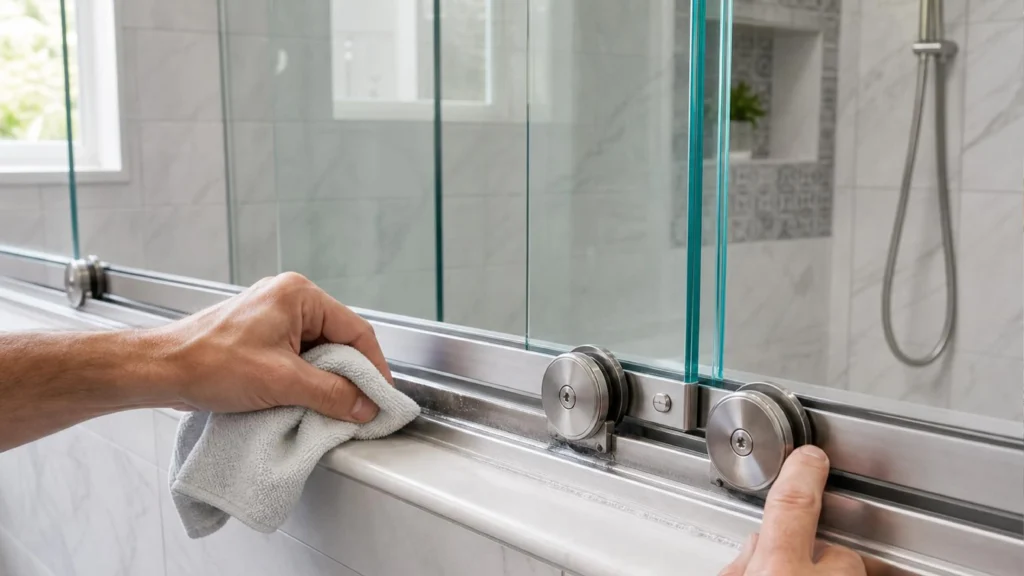 Housekeeper cleaning the stainless steel bottom track and rollers of a hotel sliding glass shower door.