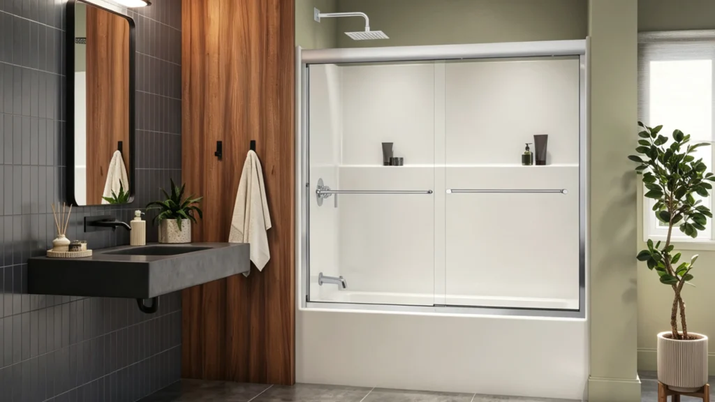 A modern white acrylic multi-piece bathtub shower combo with seamless look and sliding glass doors for easy renovation transport.