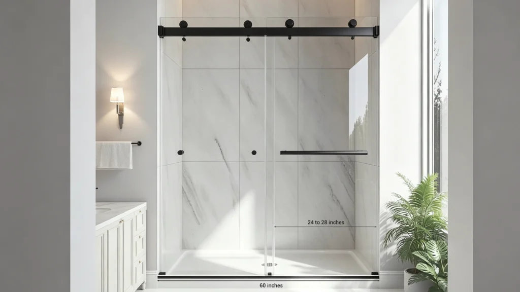 60-inch matte black sliding glass shower door showing 24 to 28 inches of clear walk-through opening clearance.