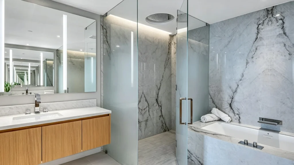 Frameless glass shower door with chrome handle in a luxury hotel suite bathroom with marble walls.