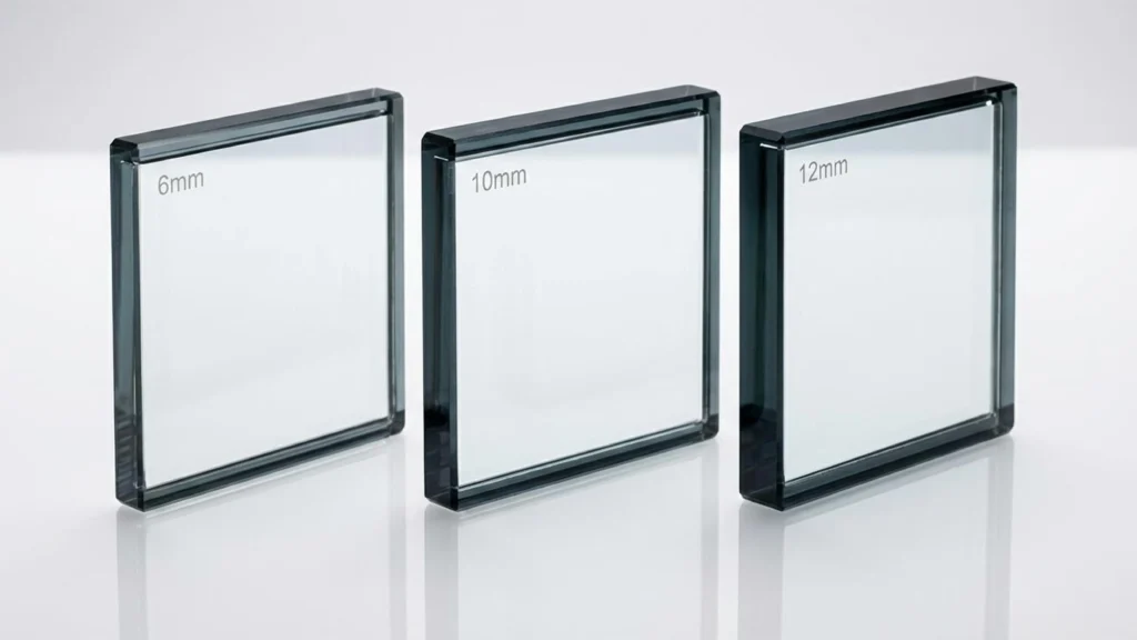 Comparison of 6mm, 10mm, and 12mm clear tempered glass thickness samples for commercial shower doors.