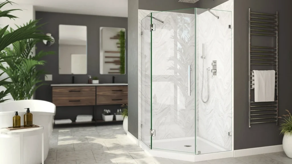 Frameless neo-angle glass shower enclosure with an angled 24-inch door, suitable for 36- to 48-inch footprints in hotel bathrooms.