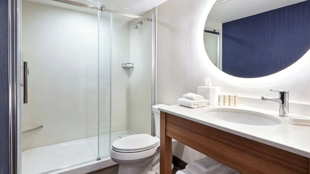 Sliding glass shower door in a compact hotel alcove bathroom to maximize clearance around the toilet and vanity.