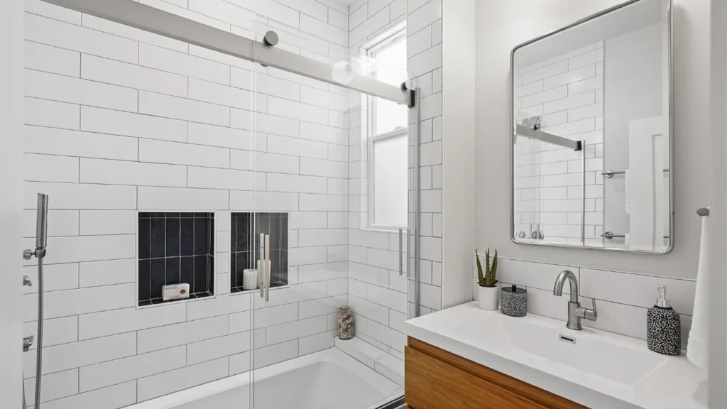 Modern tile-surround tub/shower combo with white subway tiles and sliding glass doors, creating a custom, high-end hotel bathroom look.