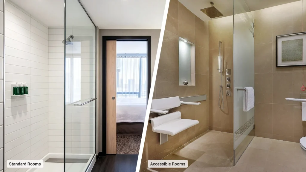 Side-by-side comparison of a standard curbed glass shower stall and an accessible barrier-free hotel roll-in shower.