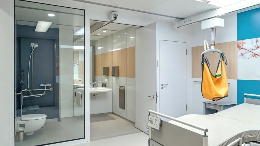 Clear glass bathroom partition in an accessible healthcare room, providing direct caregiver supervision.