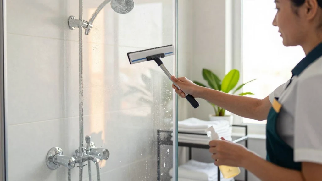 Hotel housekeeper squeegeeing water spots off a clear glass shower door for routine bathroom maintenance.