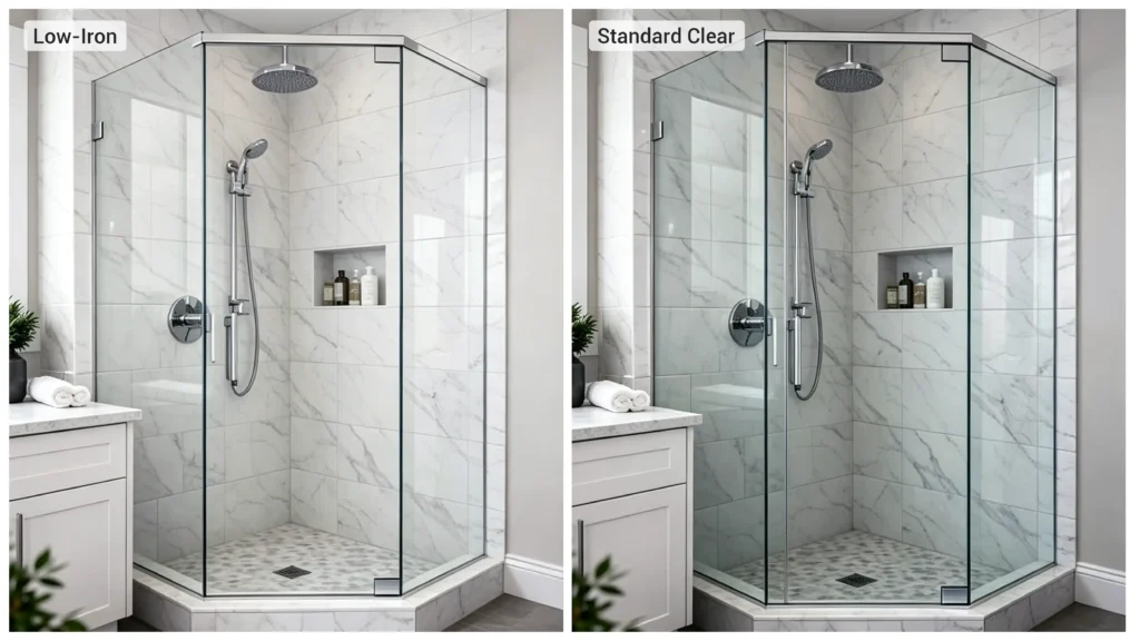Comparison of low-iron ultra-clear and standard clear glass neo-angle shower doors for hotel bathrooms.