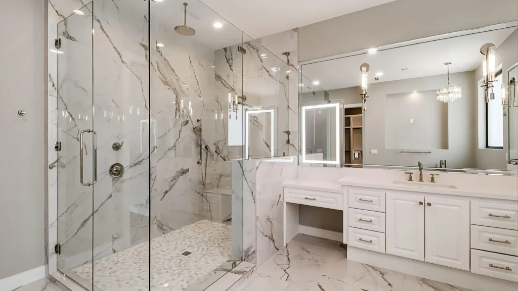 Asymmetrical rectangular glass corner shower enclosure installed beside a vanity in a luxury apartment suite.