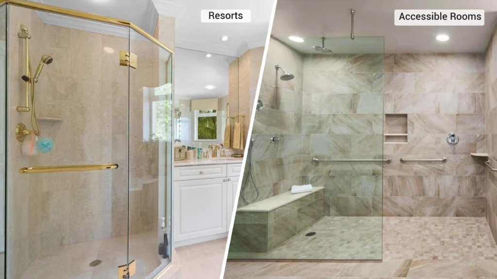 Brass hinged shower door in a luxury resort bathroom compared to an ADA-compliant barrier-free walk-in shower.