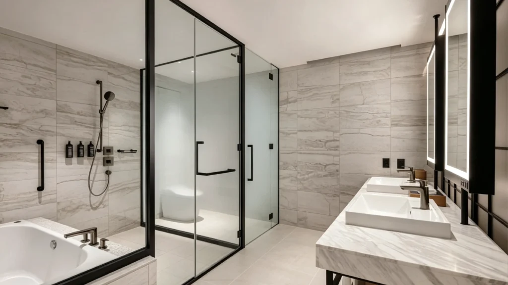Matte black hinged shower door with inline glass panel in a hotel bathroom with clear swing clearance.