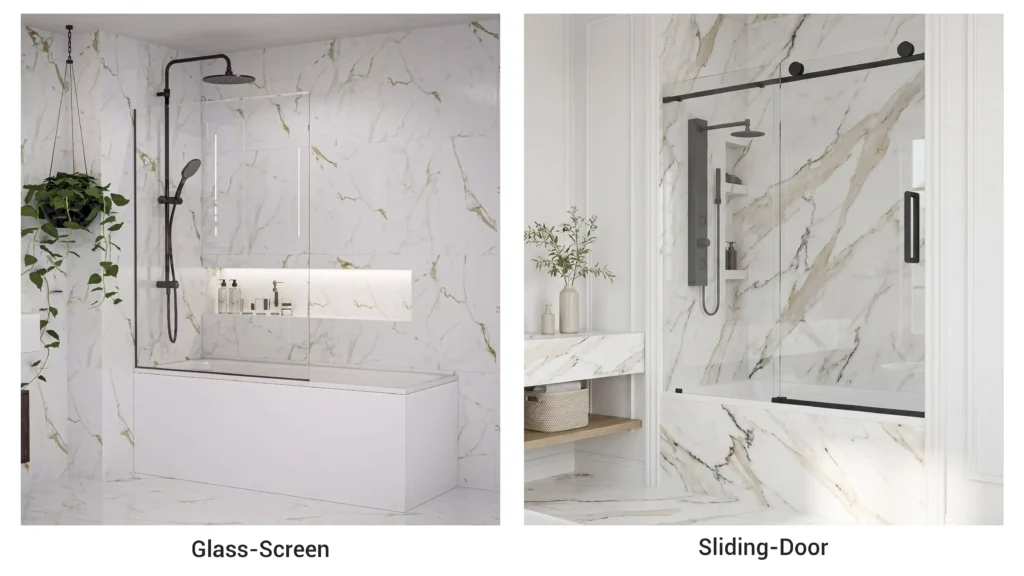 Side-by-side comparison of fixed glass bath screen (left) and black-framed sliding glass door (right) enclosures over white tubs.
