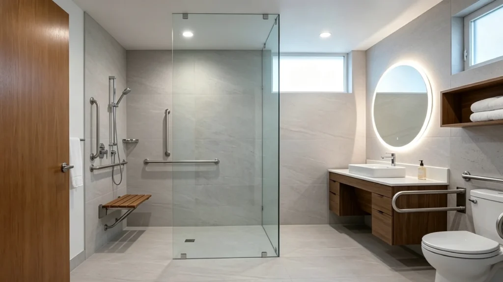 Barrier-free roll-in hotel shower with a trackless glass partition, safety grab bars, and a fold-down wooden bench.
