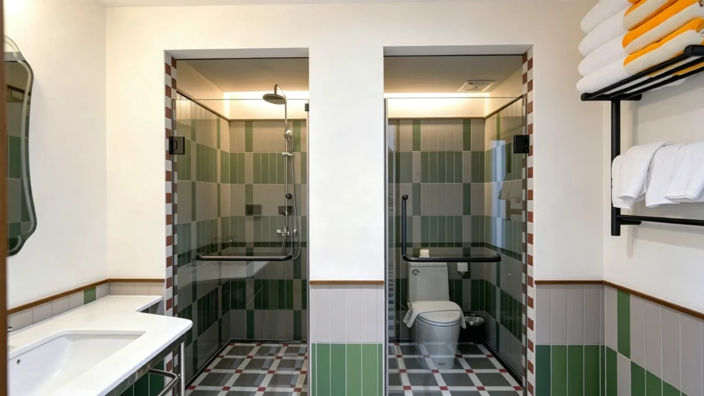 Frameless glass doors with matte black handles for separate shower and toilet stalls in a hotel bathroom.