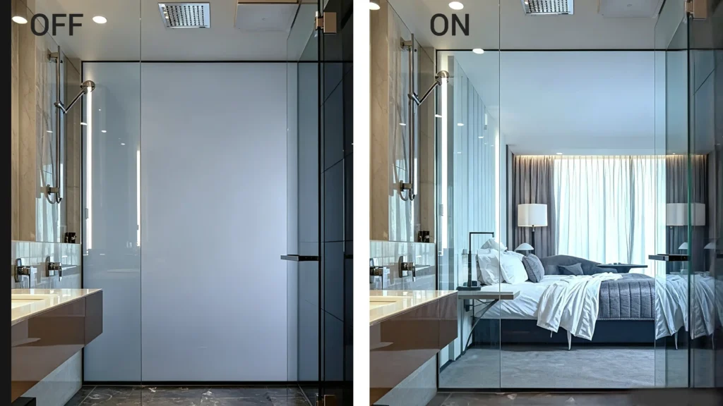Modern hotel shower glass comparing frosted opaque (OFF) and clear (ON) states for switchable privacy.