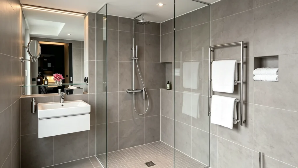 Walk-in corner shower with fixed clear glass screen in a modern hotel bathroom, featuring low-maintenance doorless entry.