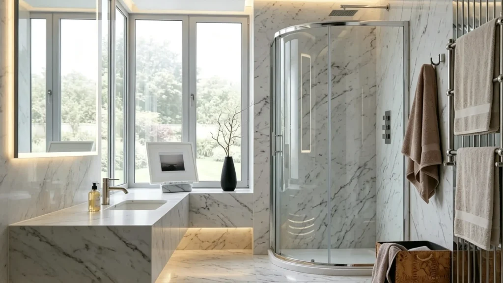 Curved quadrant sliding glass shower enclosure with chrome frame on radius track in a modern hotel marble bathroom.
