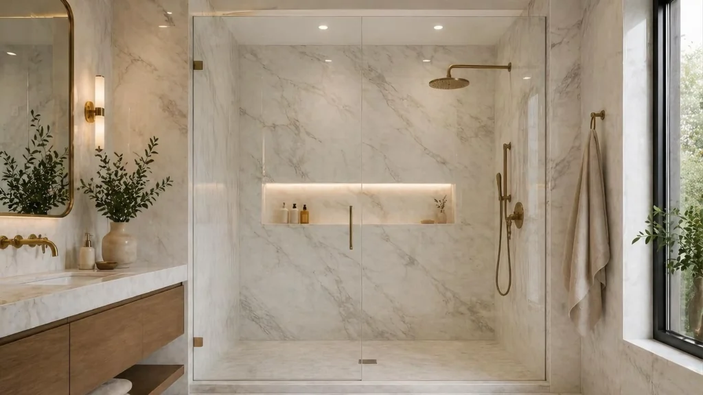 Frameless hinged shower door with brushed brass hardware in a luxury marble hotel suite bathroom.