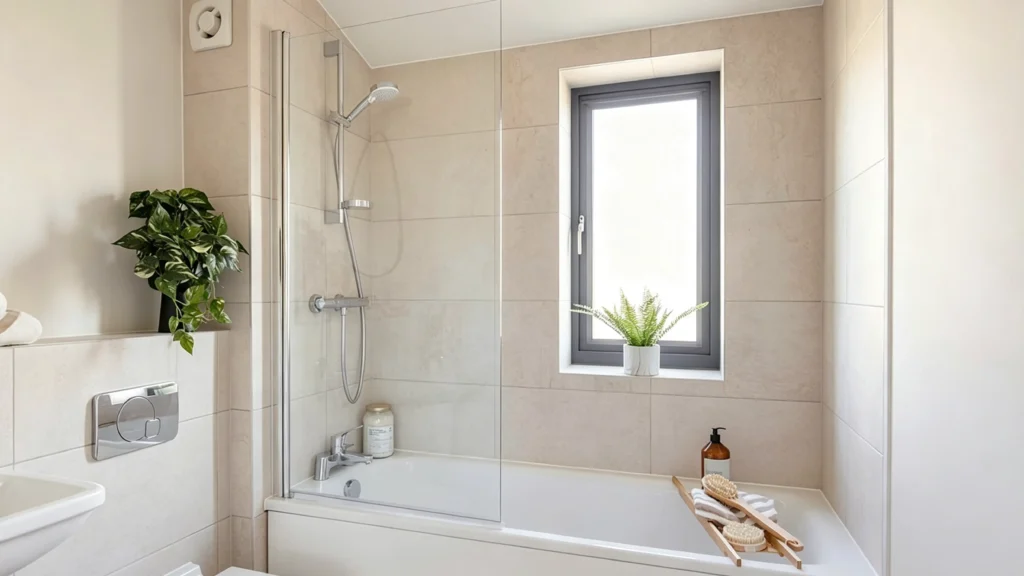 Modern small hotel bathroom with white tub, clear glass screen, chrome shower system, light beige tiles, and a grey window above.