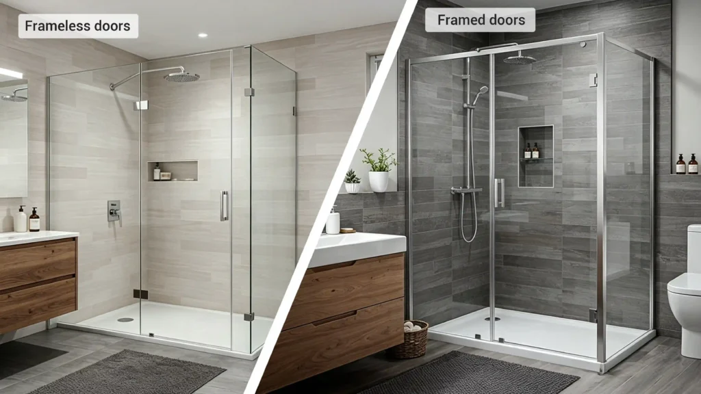 Side-by-side comparison of frameless and aluminum-framed shower doors for hotel and apartment bathrooms.