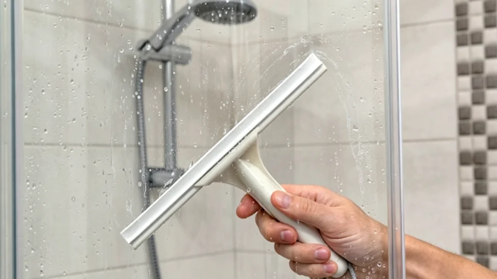 A hand squeegees water drops from a smooth clear glass shower door, demonstrating fast maintenance.