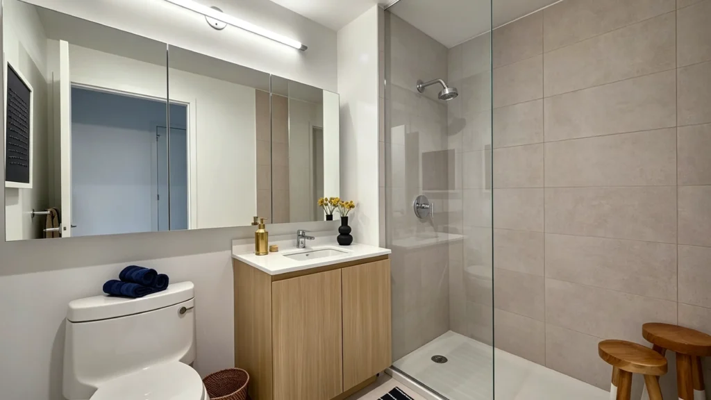 Frameless clear glass shower panel in a modern multifamily apartment bathroom with a light wood vanity.
