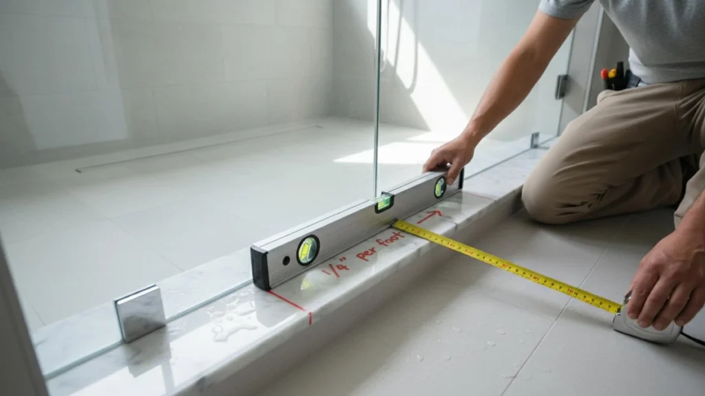 Installer verifying 1/4-inch shower curb slope with a spirit level for commercial custom glass door installation.
