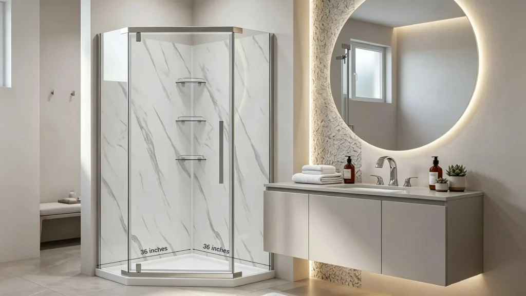 36x36-inch neo-angle shower enclosure with chrome frame, showing layout clearance beside a hotel bathroom vanity.