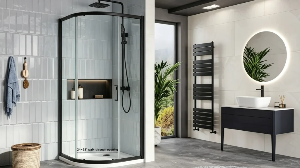 Curved matte black quadrant shower door with glass panels, displaying text for a "24–28” walk-through opening” optimal for apartment layouts.