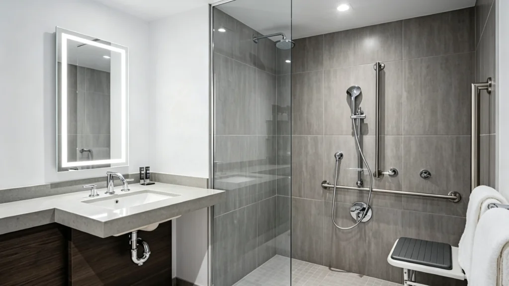Barrier-free zero-threshold glass shower enclosure with grab bars and bench in an accessible hotel bathroom.