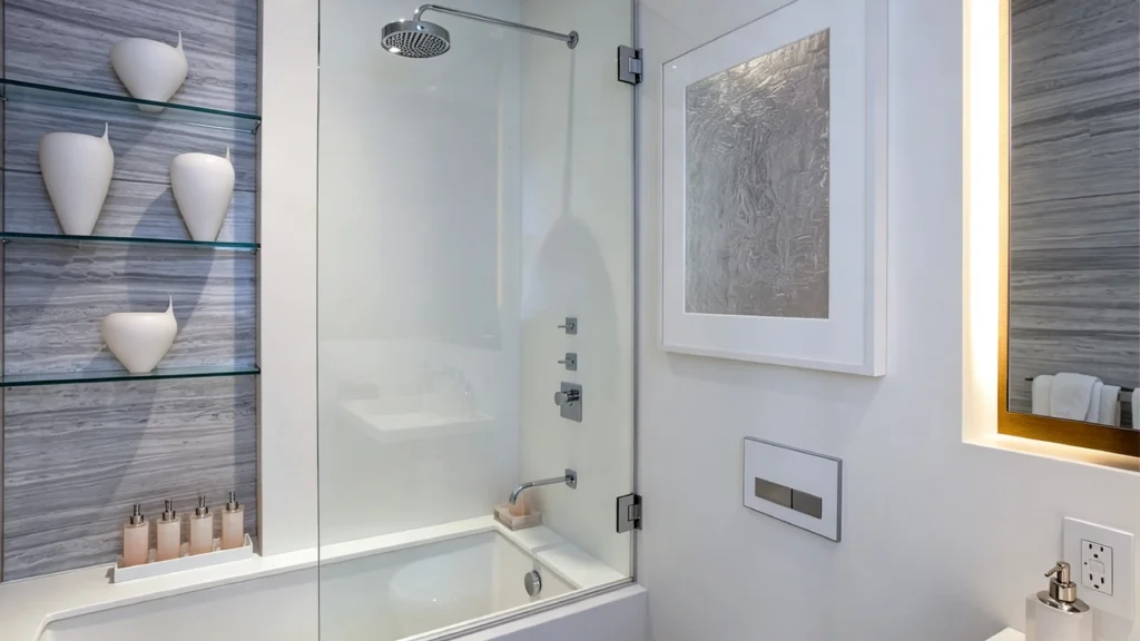 Modern cast acrylic bathtub with fixed glass shower screen, rain showerhead, and seamless white solid-surface walls in an apartment bathroom.