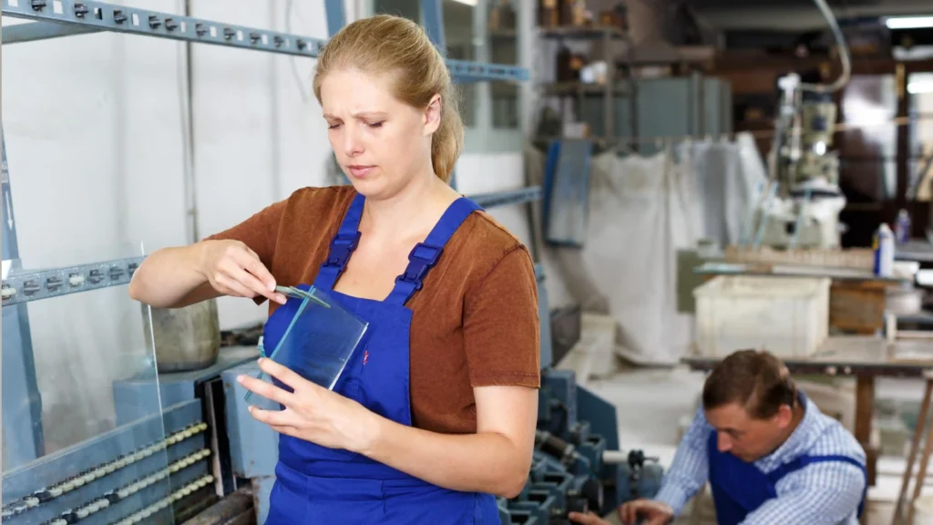 Factory technician checking tempered glass thickness and edge polish for sliding shower door quality control.
