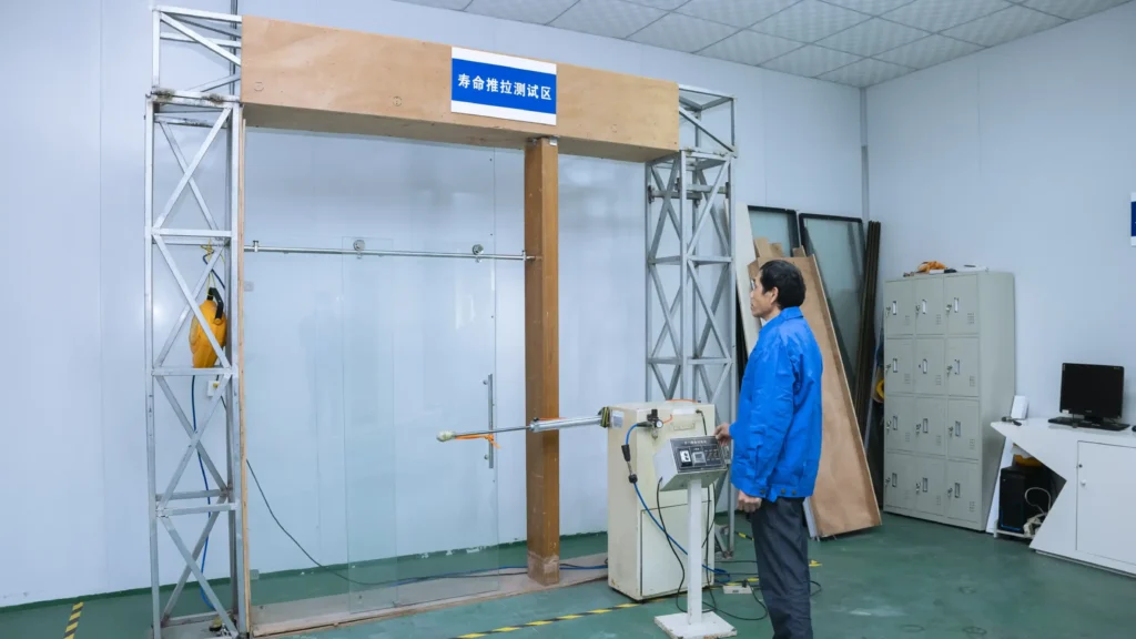 A factory technician monitors mechanized pull testing on a sliding clear tempered glass shower door, ensuring high hardware specifications and durable performance for bulk commercial projects.