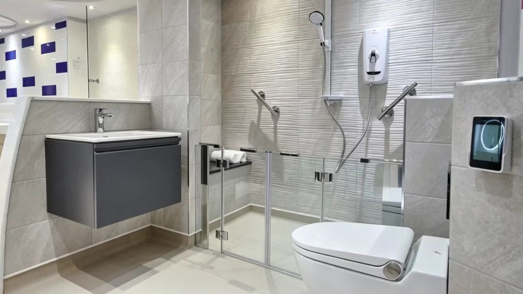 Half-height clear glass shower doors with grab bars for caregiver access in an assisted living bathroom.