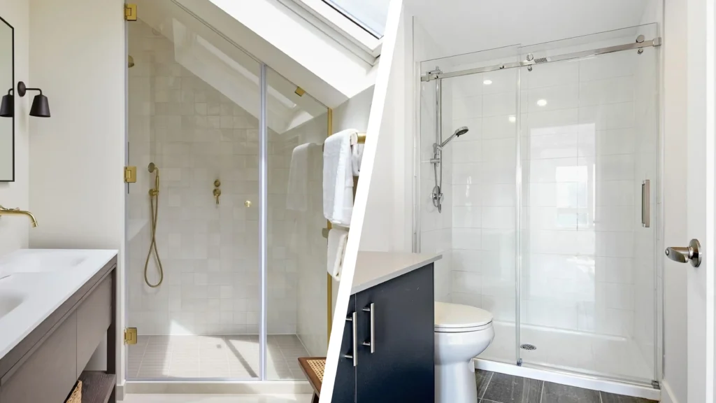 Custom sloped glass shower door for luxury suites compared with a standard modular sliding enclosure for apartments.