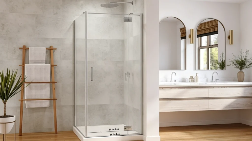 Chrome corner glass shower showing 34-inch glass aligned on a 36-inch base curb in a modern apartment bathroom.