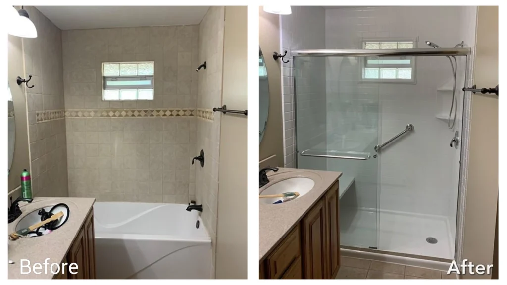 Before-and-after hotel bathroom remodel replacing an old bathtub with an alcove sliding glass shower door.