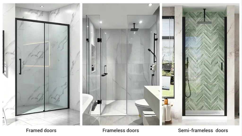 Comparison of framed, frameless, and semi-frameless shower doors with black hardware for hotel bathrooms.