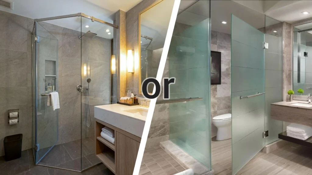 Side-by-side comparison of clear and frosted glass shower doors in hotel bathrooms, balancing visibility with privacy.